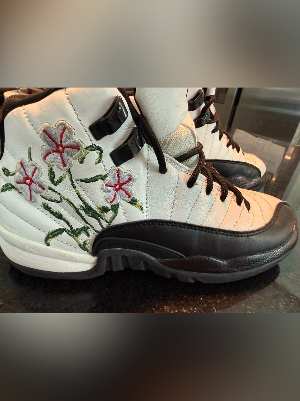 Nike Air Jordan 12 Kids White&Black High-Top Sneakers with Red Floral Embroidery
